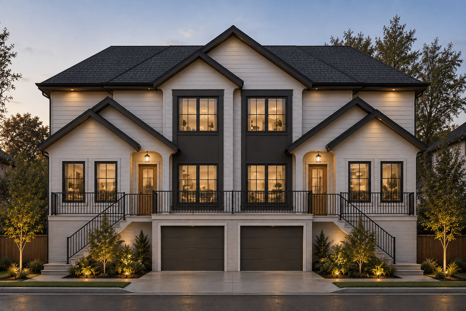 Dusk exterior rendering of a CJI Group duplex home in Cloverdale, Surrey, BC