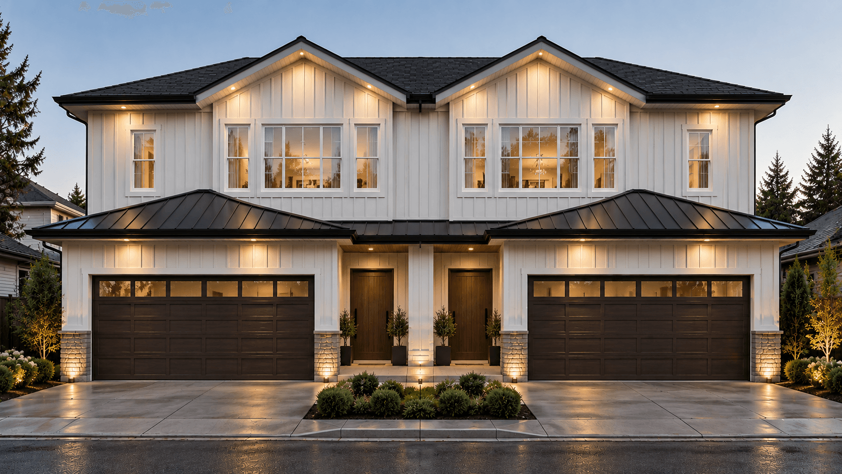 Dusk exterior rendering of a CJI Group duplex home in North Delta, Delta, BC