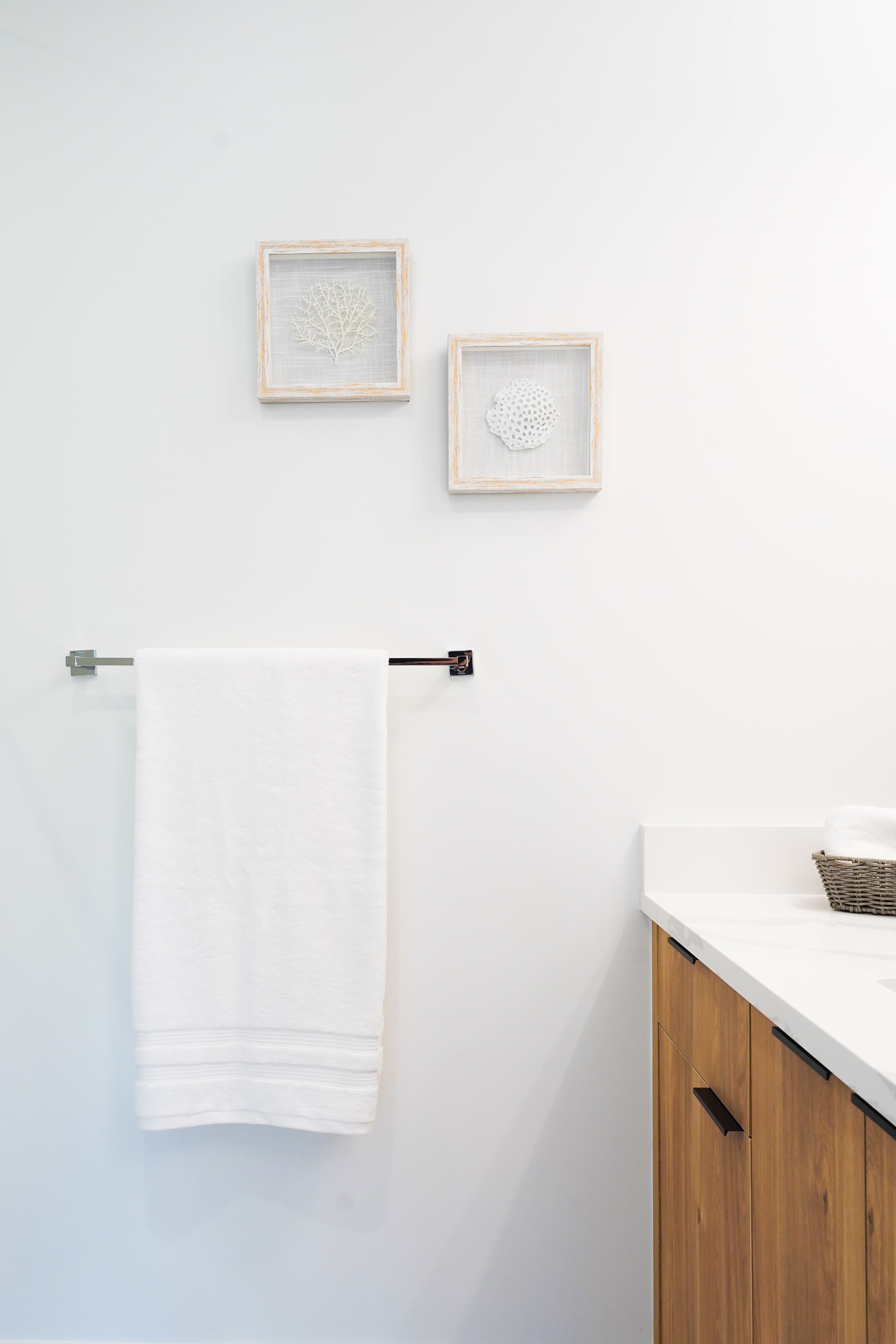 Framed coral artwork and towel bar detail in a Willoughby Row bathroom